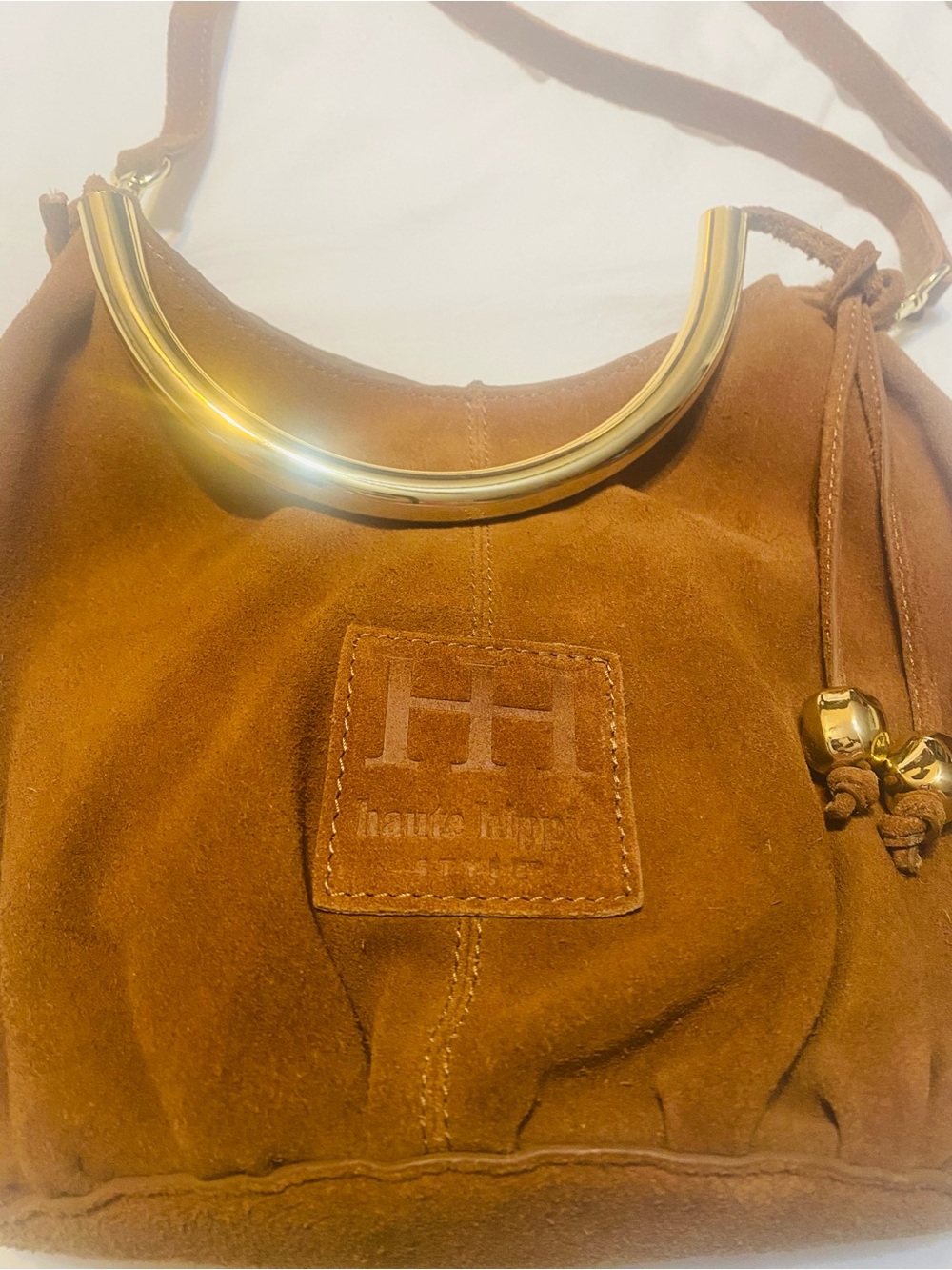 Haute Hippie Brown Suede Shoulder Bag with Gold Handle - Picture 3 of 11